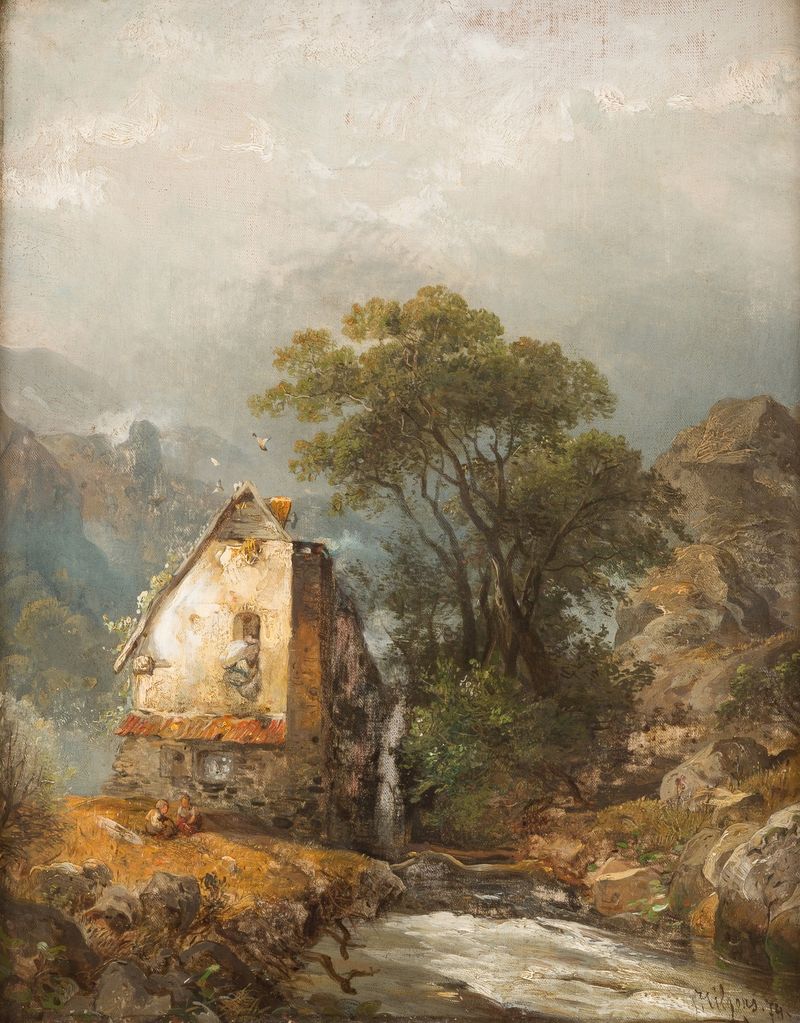 Landscape with a willow tree over a stream, oil painting by Carl Hilgers