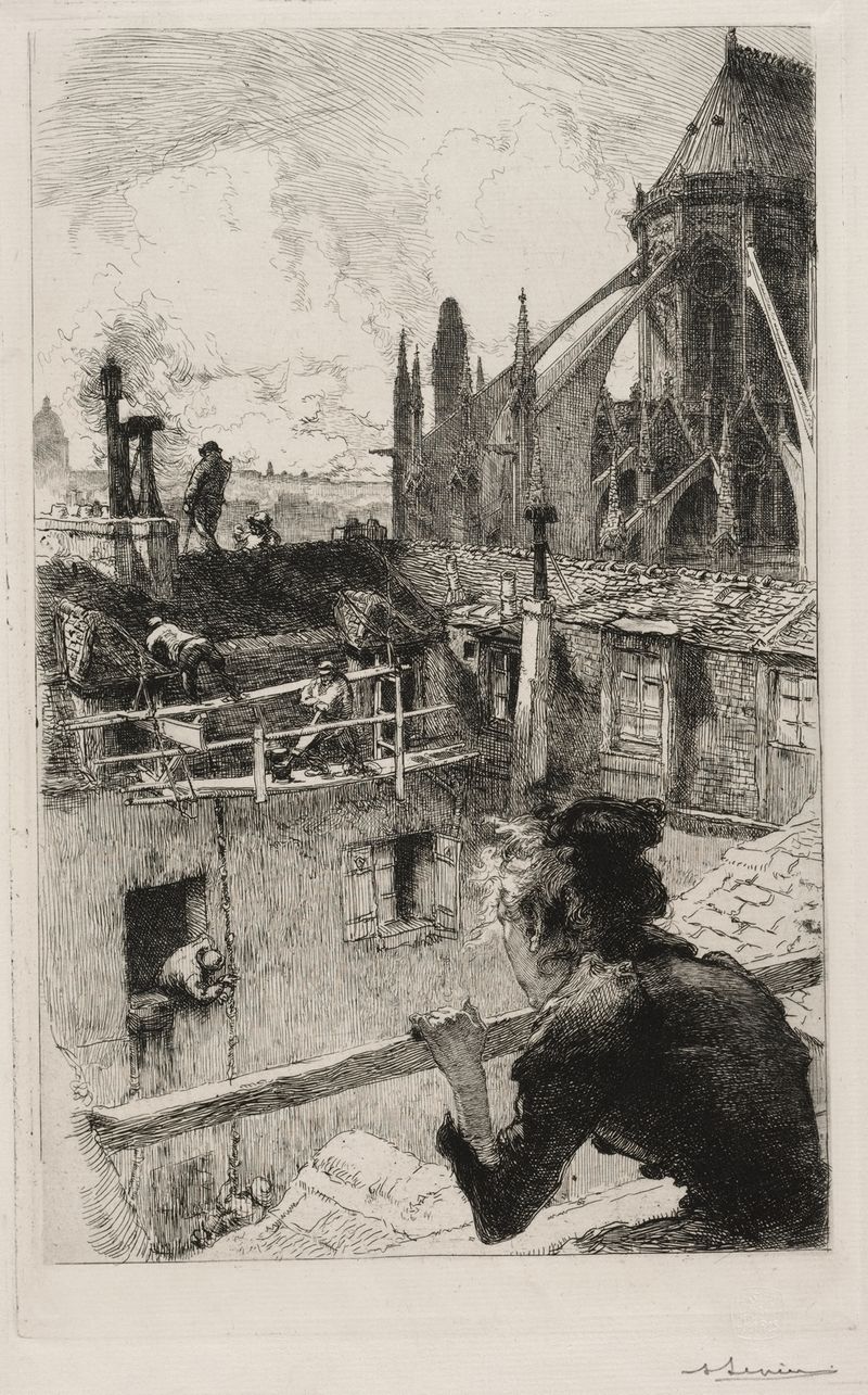 Gravura de Auguste Louis Lepère mostrando telhados perto de Notre Dame