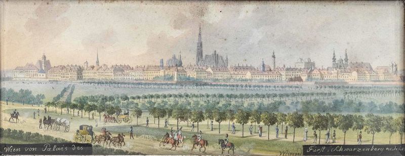 Landscape oil painting by Balthasar Wigand depicting a cityscape with greenery.