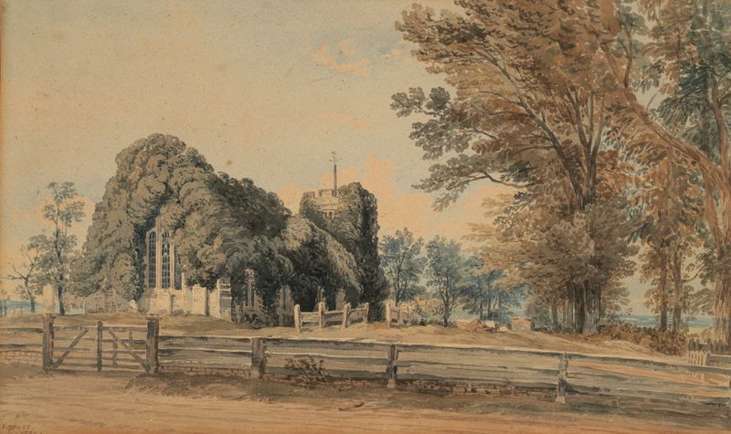 Chingford Church de John Varley, pintura a óleo que retrata uma igreja em uma paisagem natural.