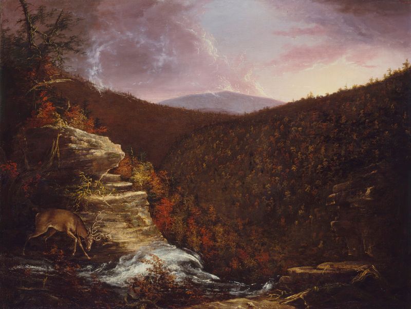 Oil painting by Thomas Cole depicting a waterfall, mountains, and light in nature