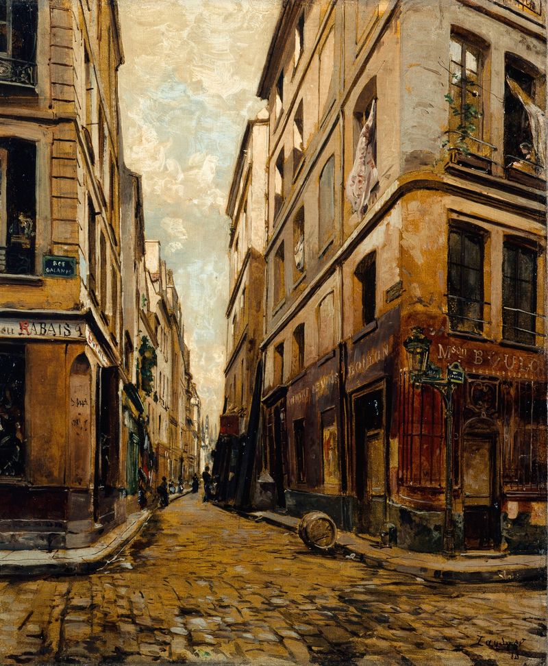 La Rue de l’Hôtel-Colbert by Emmanuel Lansyer, oil on canvas depicting an urban landscape.