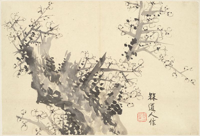 Old Weathered Plum Tree with Spring Blossoms, ink on paper by Cho Hŭi-ryong