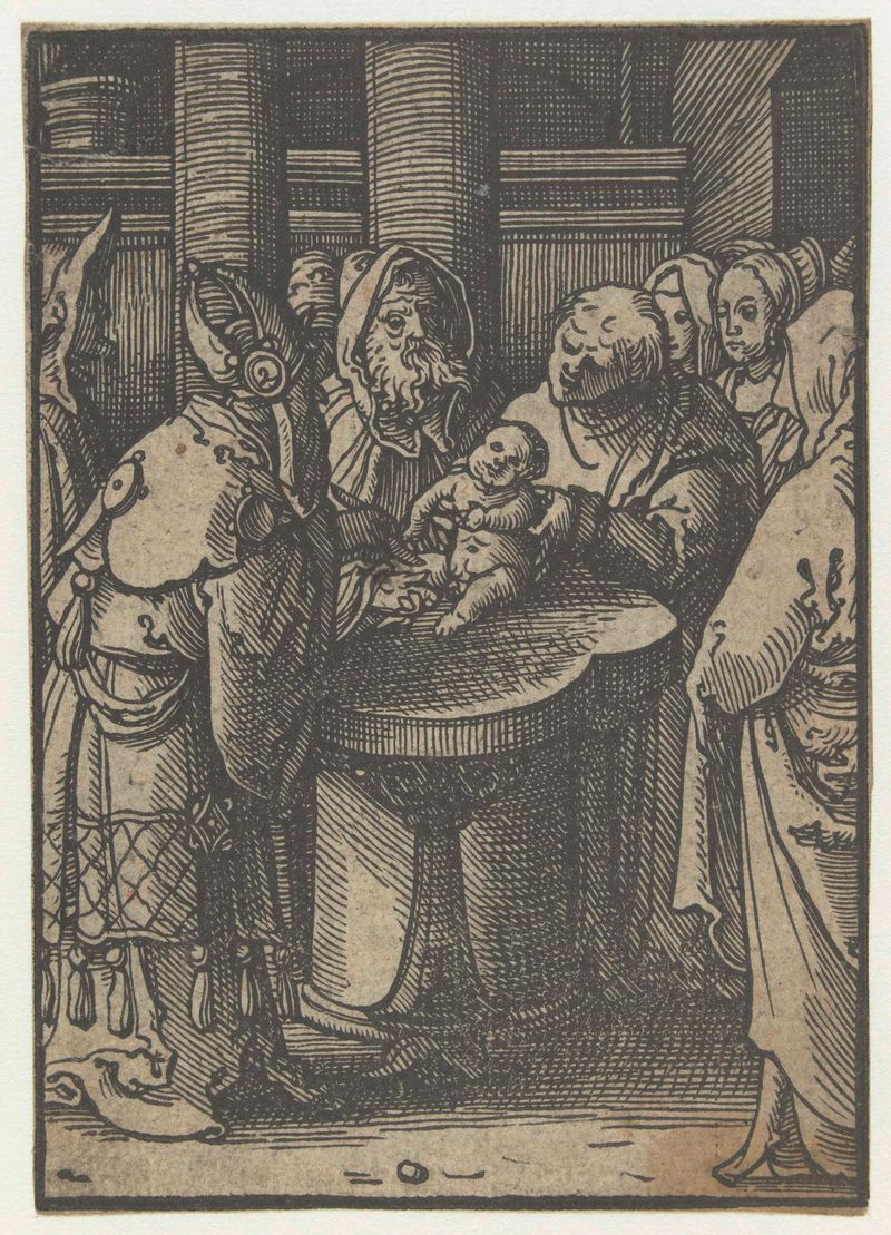 Religious scene with a child on an altar, etching by Lucas van Leyden