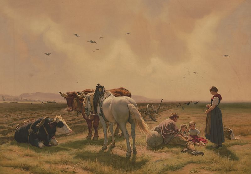 Noon-day Rest, oil on canvas by Edmund Foerster & Co., featuring a figure resting under a tree in a serene landscape.