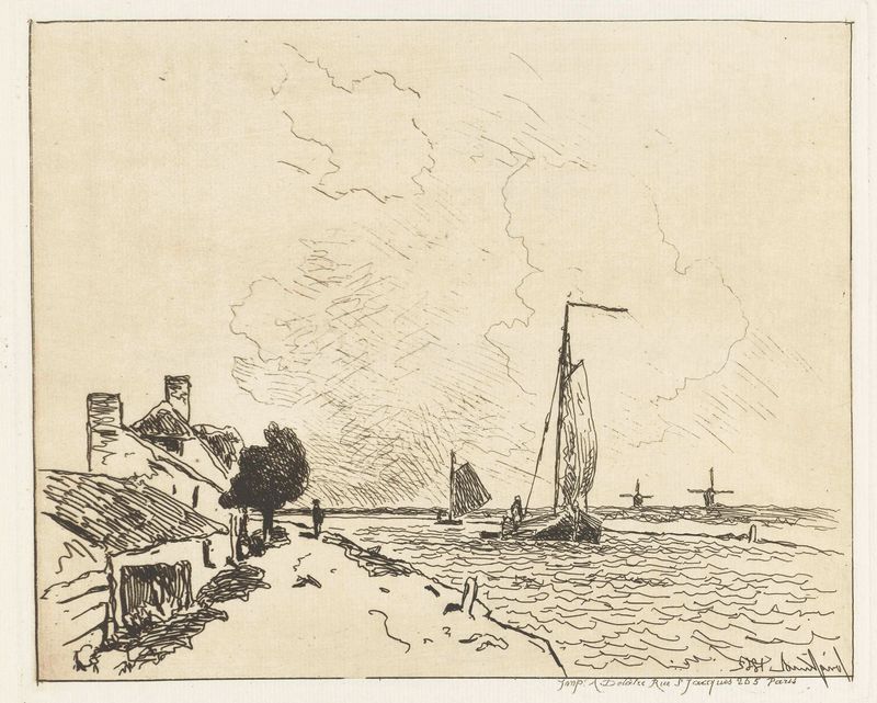 Dos veleros con velas blancas en el océano, grabado de Johan Barthold Jongkind