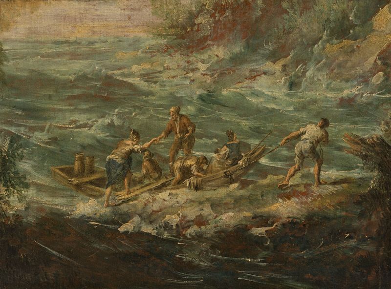 Marine scene with figures boarding a boat in choppy seas, oil painting by Antonio Francesco Peruzzini