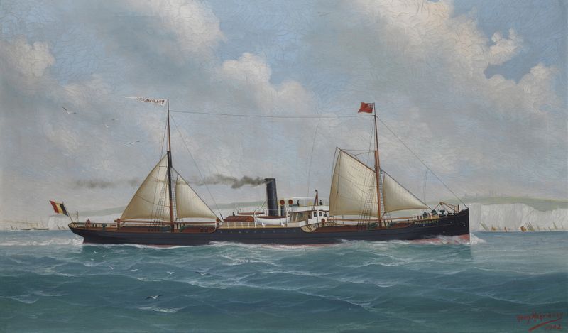 Steamship with sails in harbor, oil painting by John-Henry Mohrmann