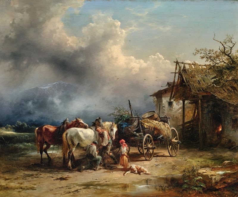 At the Farrier’s by Friedrich Gauermann, depicting a farrier working in a forge, oil painting.