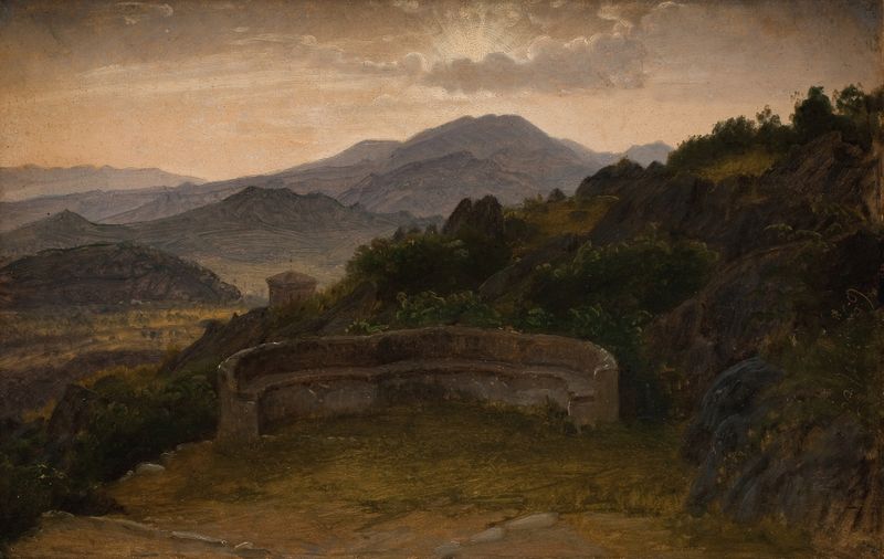Landscape near Subiaco. Sunset, oil on canvas by P. C. Skovgaard depicting a colorful sunset over rolling hills.