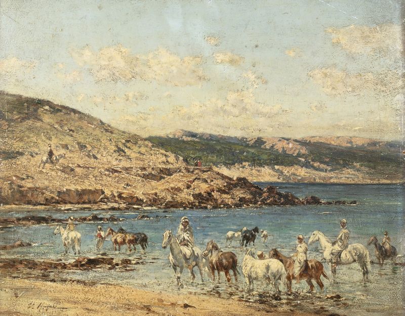 Horses Drinking by Victor Huguet, oil painting depicting horses near water.