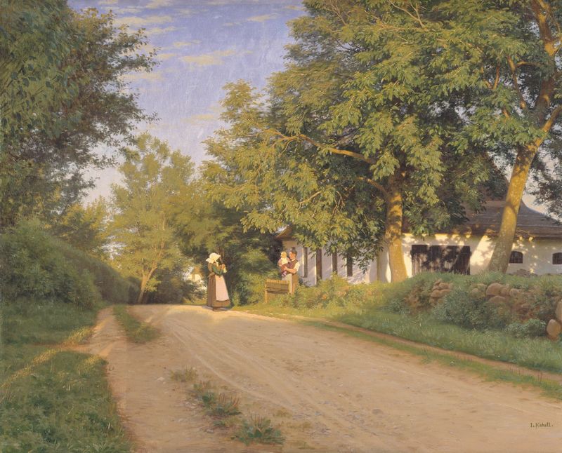 Pintura al óleo de paisaje de Ludvig Kabell que muestra un camino de pueblo y naturaleza.
