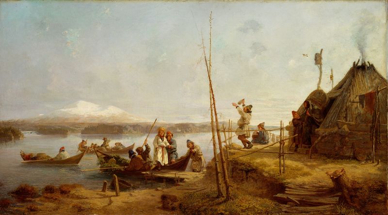 Bridal Homecoming at Lake Hornavan de Johan Fredrik Höckert, cena de gênero, pintura a óleo