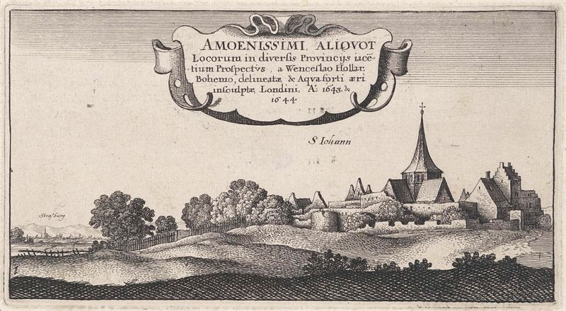 Landschap nabij Straatsburg, grabado de Wenceslaus Hollar, que representa un paisaje sereno con campos y horizonte.