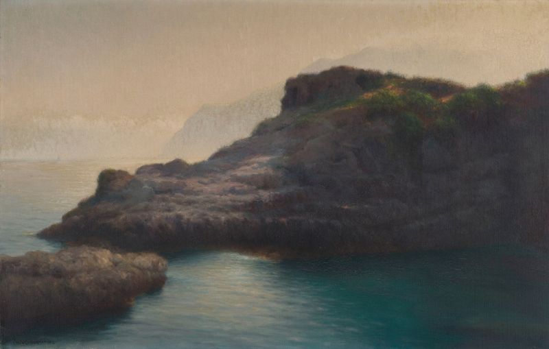 Cap de Sorrente by Henry Brokman, oil on canvas depicting a tranquil sea and horizon.