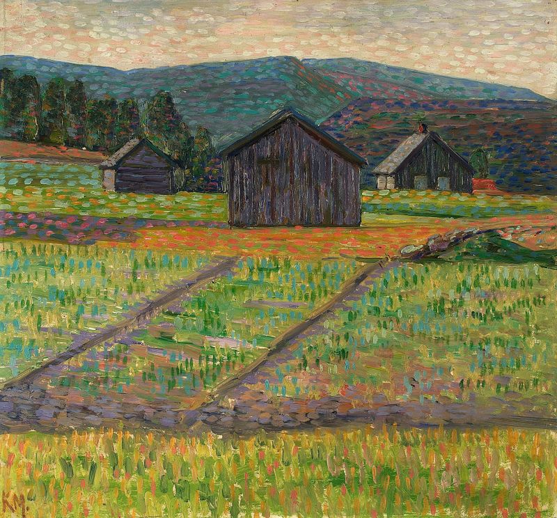 Landscape by Konrad Mägi, featuring lush greenery and a serene sky, oil painting.