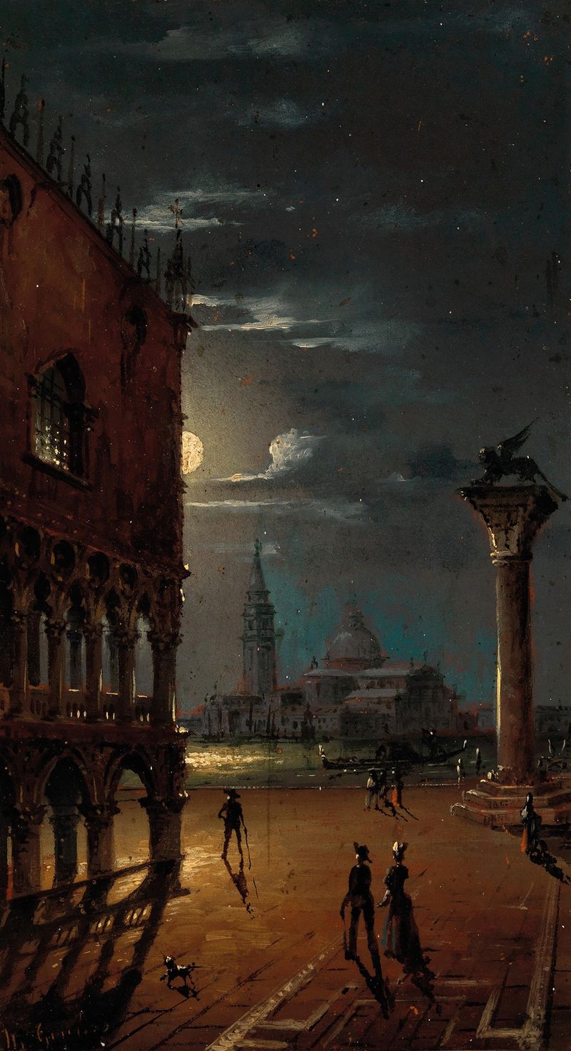 Venice, Moonlit Night with Palazzo Ducale and San Giorgio Maggiore, oil on canvas by Marco Grubas