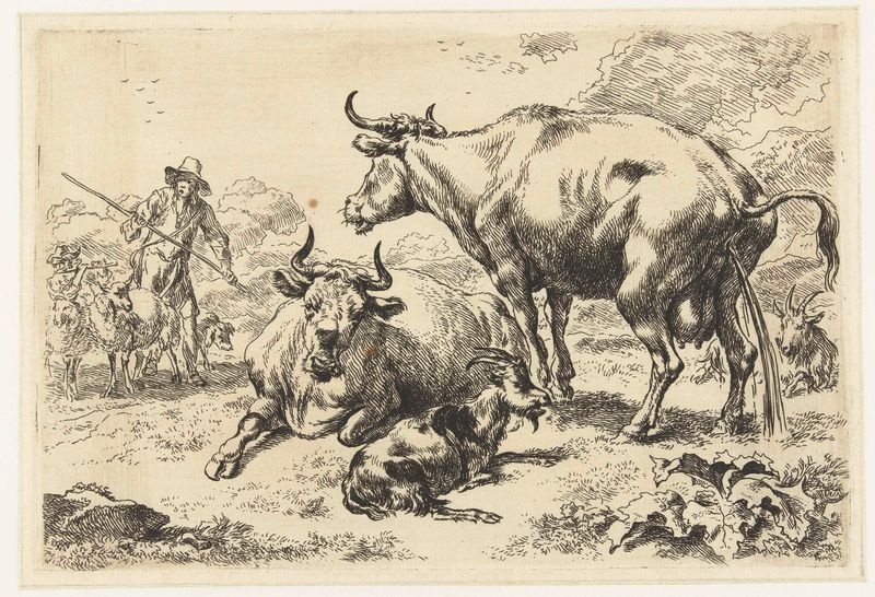 Grabado de una vaca reclinada en un prado por Nicolaes Pietersz Berchem