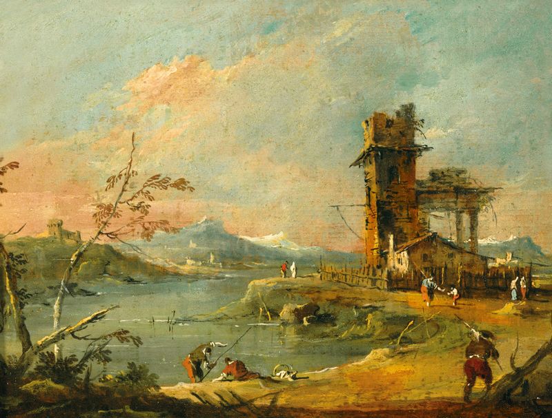 A capriccio of a rustic tower beside a lake, óleo sobre tela de Francesco Guardi