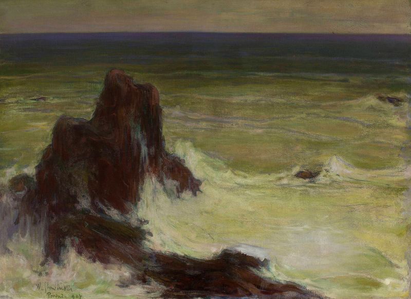 Oil on canvas by Władysław Ślewiński depicting a sea with a solitary rock.