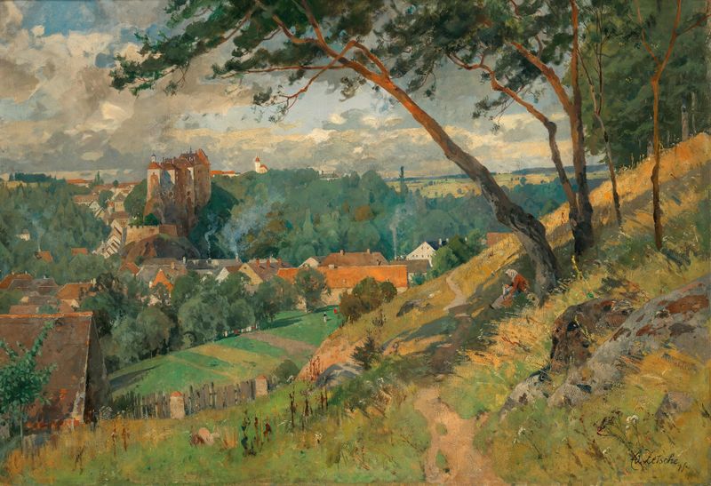 Raabs im Waldviertel by Eduard Zetsche, impressionism, depicting a tranquil river and forest reflection