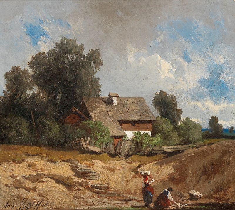 Washerwomen by the River, oil painting by August Schaeffer von Wienwald depicting figures by the water.