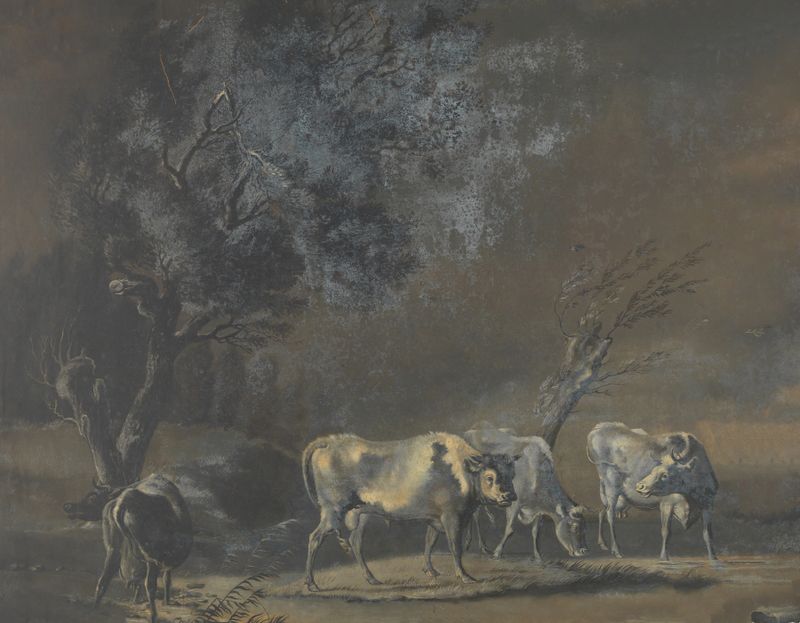 Landscape with cows by Eugène Joseph Verboeckhoven, oil painting of a serene pasture at dawn.