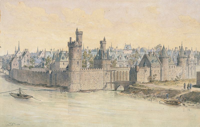 L’hôtel de la Tour de Nesle en 1380 de Fédor Hoffbauer, pintura al óleo que representa arquitectura antigua.