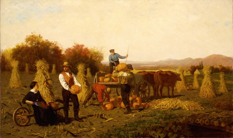 Outubro de John Whetten Ehninger, óleo sobre tela, retratando uma paisagem de outono com folhas douradas.