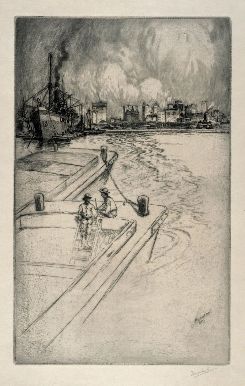 Gravura de Charles Frederick William Mielatz retratando um horizonte de porto ao pôr do sol
