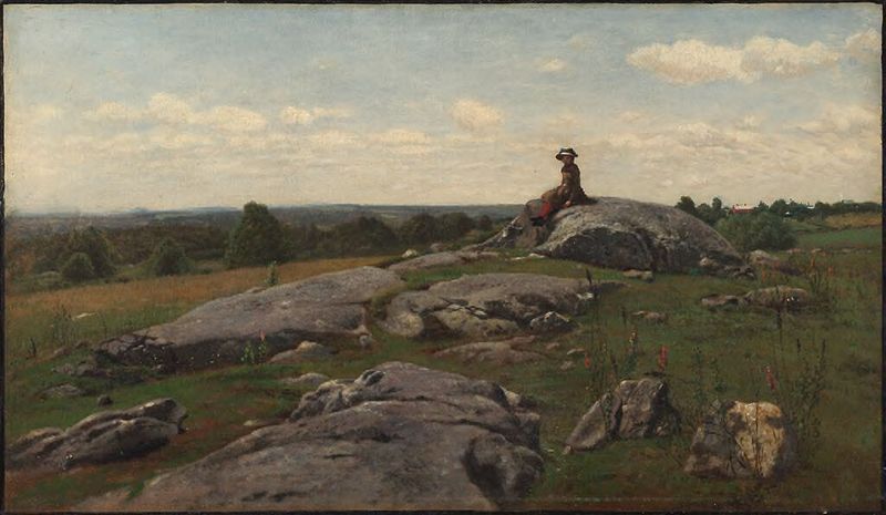 Figurative oil painting by William Hart depicting a girl in a rocky field
