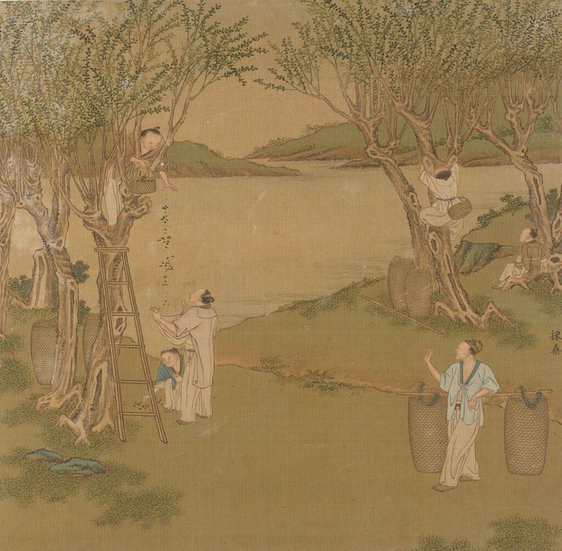 Figurative silk artwork by Qiu Ying depicting rice and silk culture