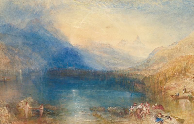 El Lago de Zug de Joseph Mallord William Turner, óleo de un lago sereno con reflejos.