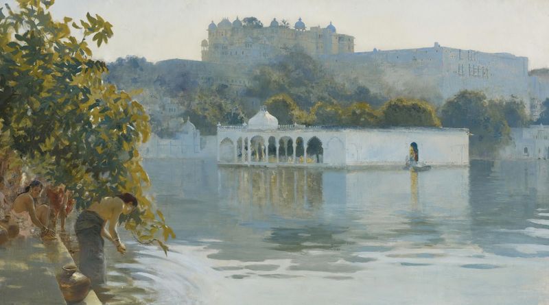 Lake At Oodeypore, India by Edwin Lord Weeks, oil painting of a tranquil lakeside scene.