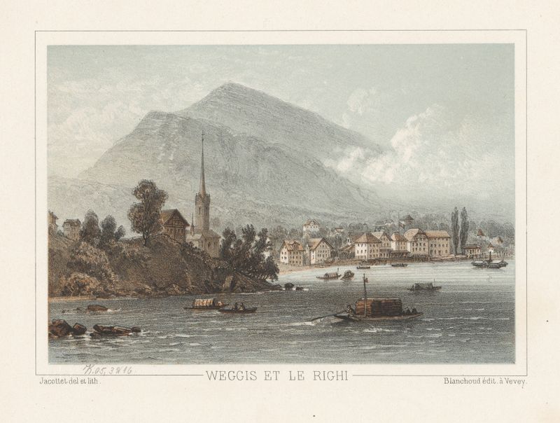 Weggis et le Righi de Jean Jacottet, óleo sobre lienzo que muestra un lago y montañas al anochecer.