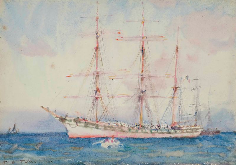 French Windjammer At Anchor by Henry Scott Tuke, oil on canvas depicting a windjammer at sea.