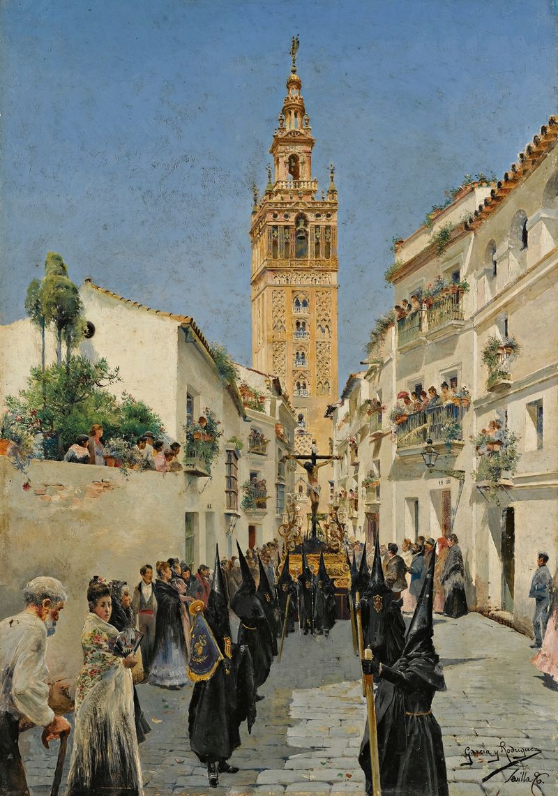 Easter Procession In Mateos Gago Street, Seville by Manuel García y Rodríguez, realism