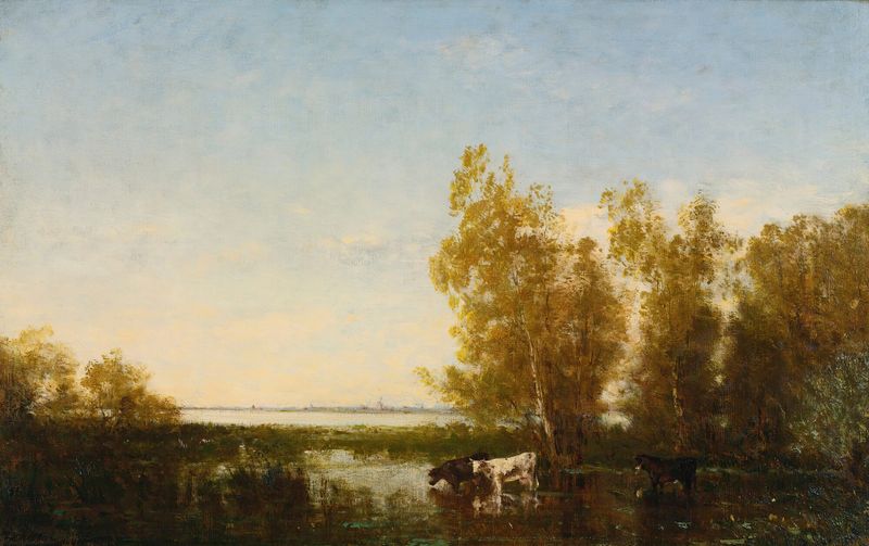 Paisagem de Félix Ziem mostrando um horizonte tranquilo e água em luz suave, pintura a óleo.