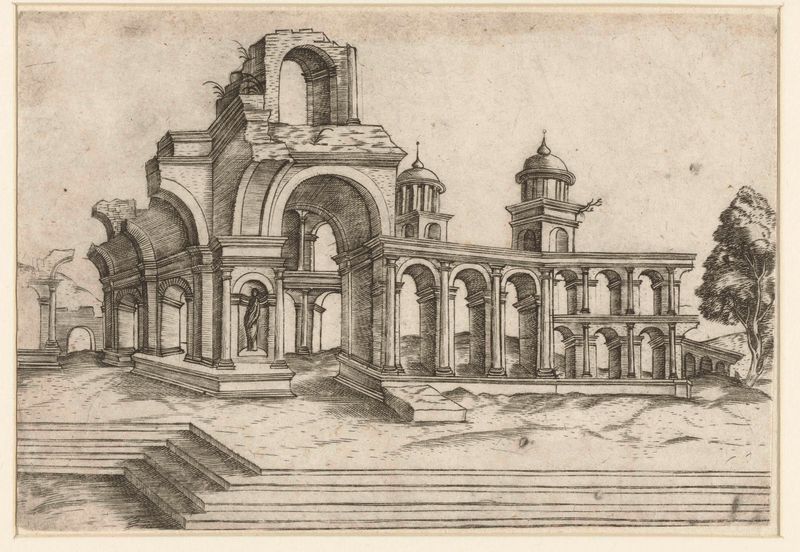 Grabado de un templo clásico con columnas contra un cielo apagado de Unknown Artist