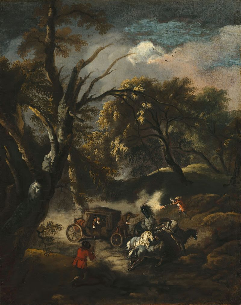 Paisagem arborizada com bandidos emboscando uma carruagem, de Pandolfo Reschi.