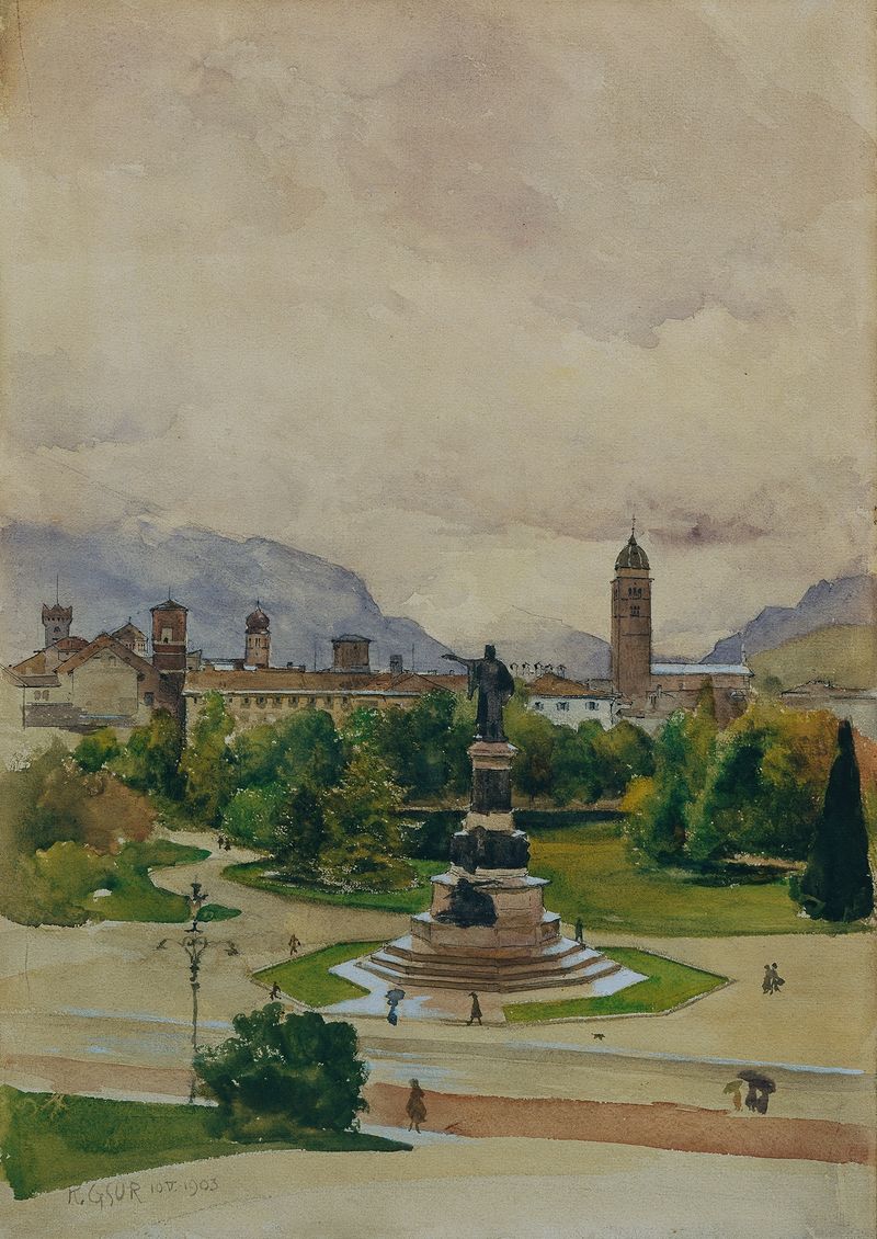 Danteplatz in Trient by Karl Friedrich Gsur, oil on canvas, depicting a vibrant city square with architecture