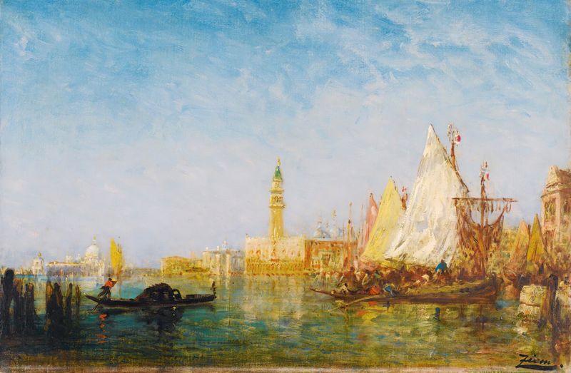 View Of Venice With The Doge’s Palace de Félix Ziem, pintura a óleo que retrata arquitetura histórica.