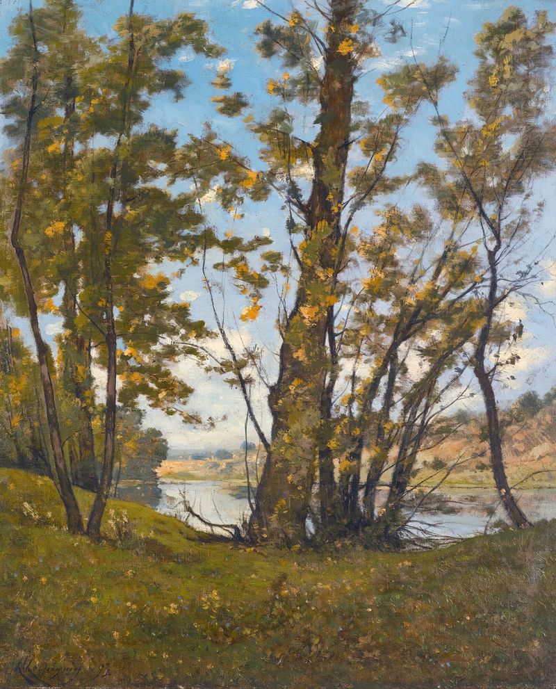 La Loire À Bonny, óleo sobre tela de Henri-Joseph Harpignies, retratando um rio sereno com árvores.