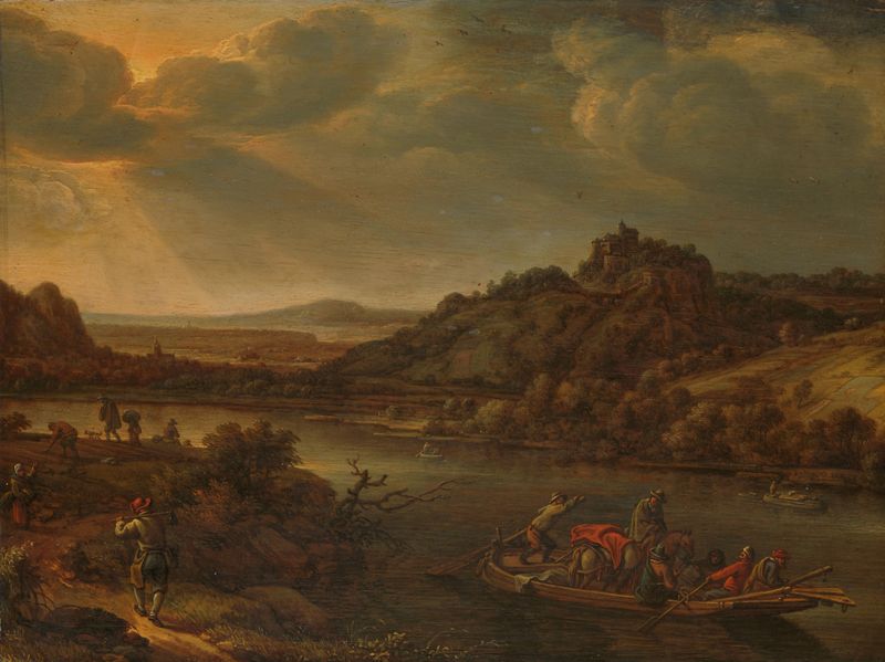 Riviergezicht met veerpont by Herman Saftleven, oil painting depicting a ferry on a river at twilight.
