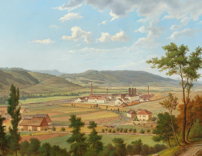 View of a factory in Ústí nad Labem by Ernst Gustav Doerell, oil painting