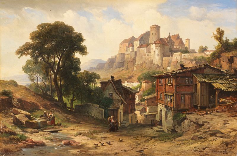 Pintura a óleo de paisagem de Albert Emil Kirchner com um castelo ao lado de um rio