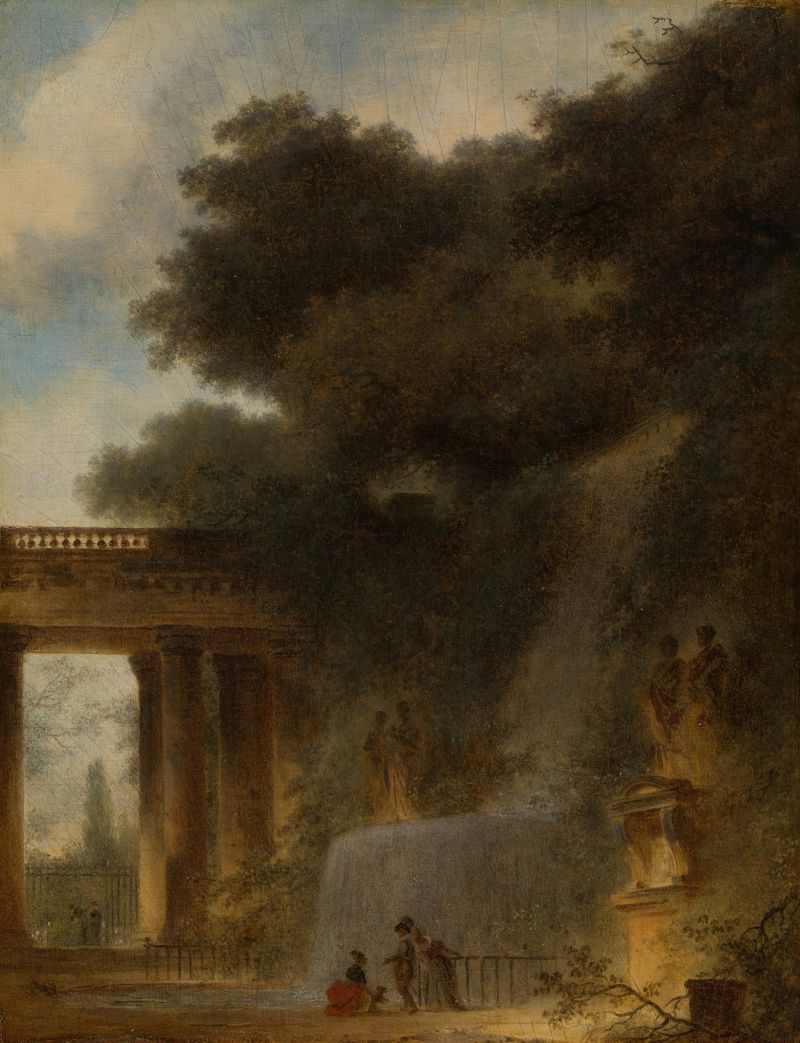 Rococo landscape with a waterfall, oil painting by Jean-Honoré Fragonard