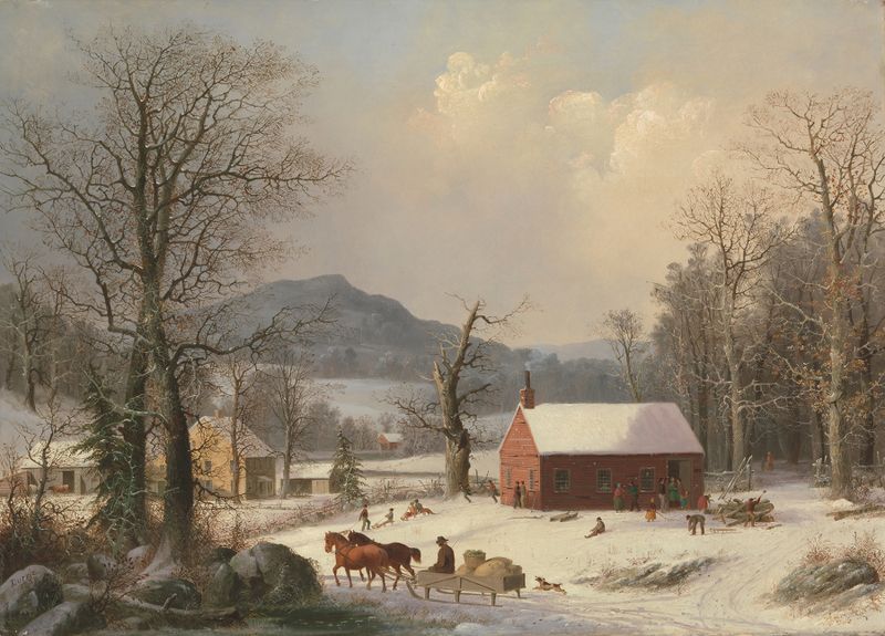 Red School House by George Henry Durrie, oil on canvas depicting children playing in the snow.