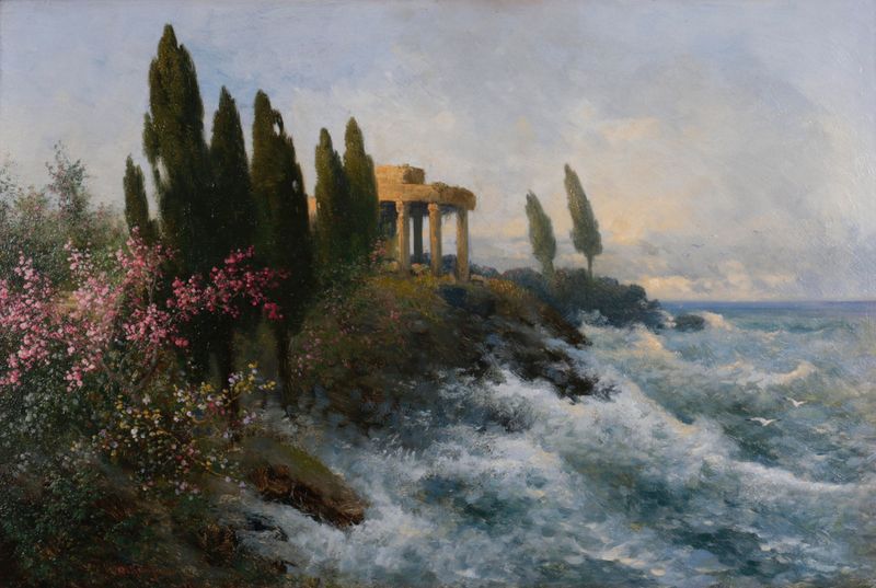 Landscape featuring an ancient temple by Adolf Kaufmann