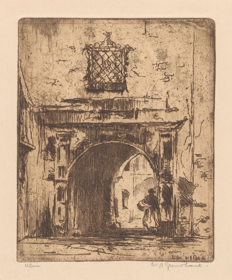 Escena figurativa que muestra una figura solitaria entre arquitectura urbana, óleo de Willem Adrianus Grondhout.